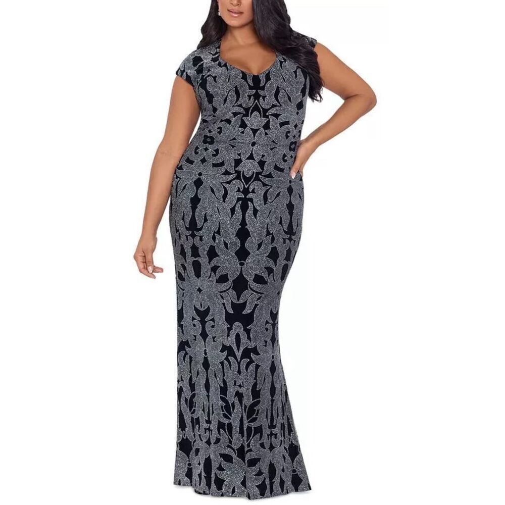 Betsy & Adam Women's Glitter Cap Sleeve Gown Black Size 14W Maxi Dress NEW